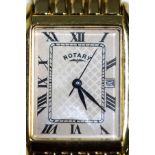 Rotary, a mid-size gold-plated rectangular bracelet watch, pink dial with black Roman numerals,