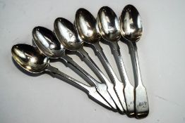 A set of six Victorian silver fiddle pattern teaspoons, by George Adams, London 1858,