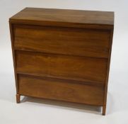 A mid century walnut chest of three long drawers, 91.