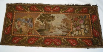 A French woolwork wall hanging with central river landscape panel,