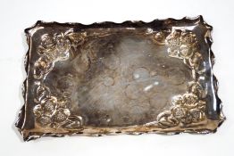 A silver plated arts and crafts rectangular tray embossed with pomegranates,