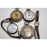 Three pocket watches and a ladies OLMA wristwatch