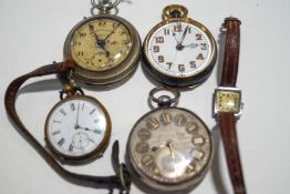 Three pocket watches and a ladies OLMA wristwatch