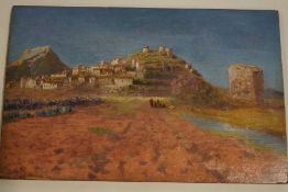Albert Pierre Dornois, 19th/20th century Chateau and village, Toulon oil on panel signed,