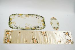 A collection of hand painted fabrics in the Victorian style with flowers and swallows,