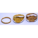 A 22 carat gold wedding ring, 0.9 g gross; with a 9 carat gold signet ring, 3.