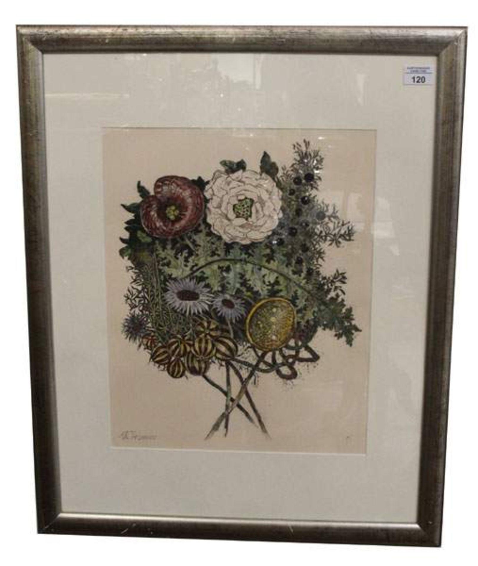 Lithographie, mehrfarbig 'Floraldarstellung', signiert M. Krinner, Michaela, * 1915 Waldmünchen +