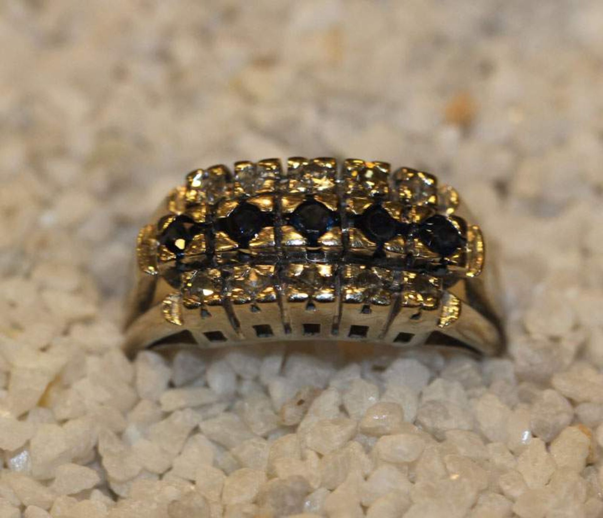 14 k Weißgold Ring mit 10 Diamanten und 5 Safiren, 5 gr., Gr. 50, klassische Handarbeit