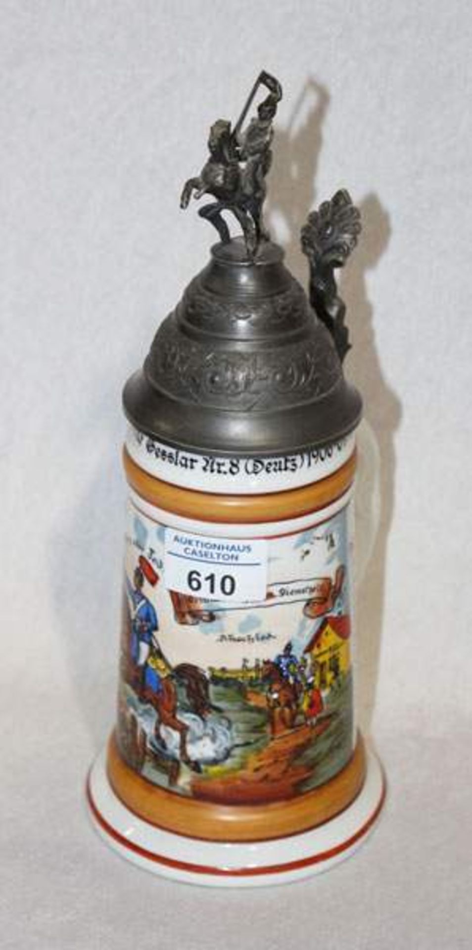 Reservisten Bierkrug, Replik ?, Bodenbild, Zinndeckel mit plastischem Reiter zu Pferd, H 29 cm