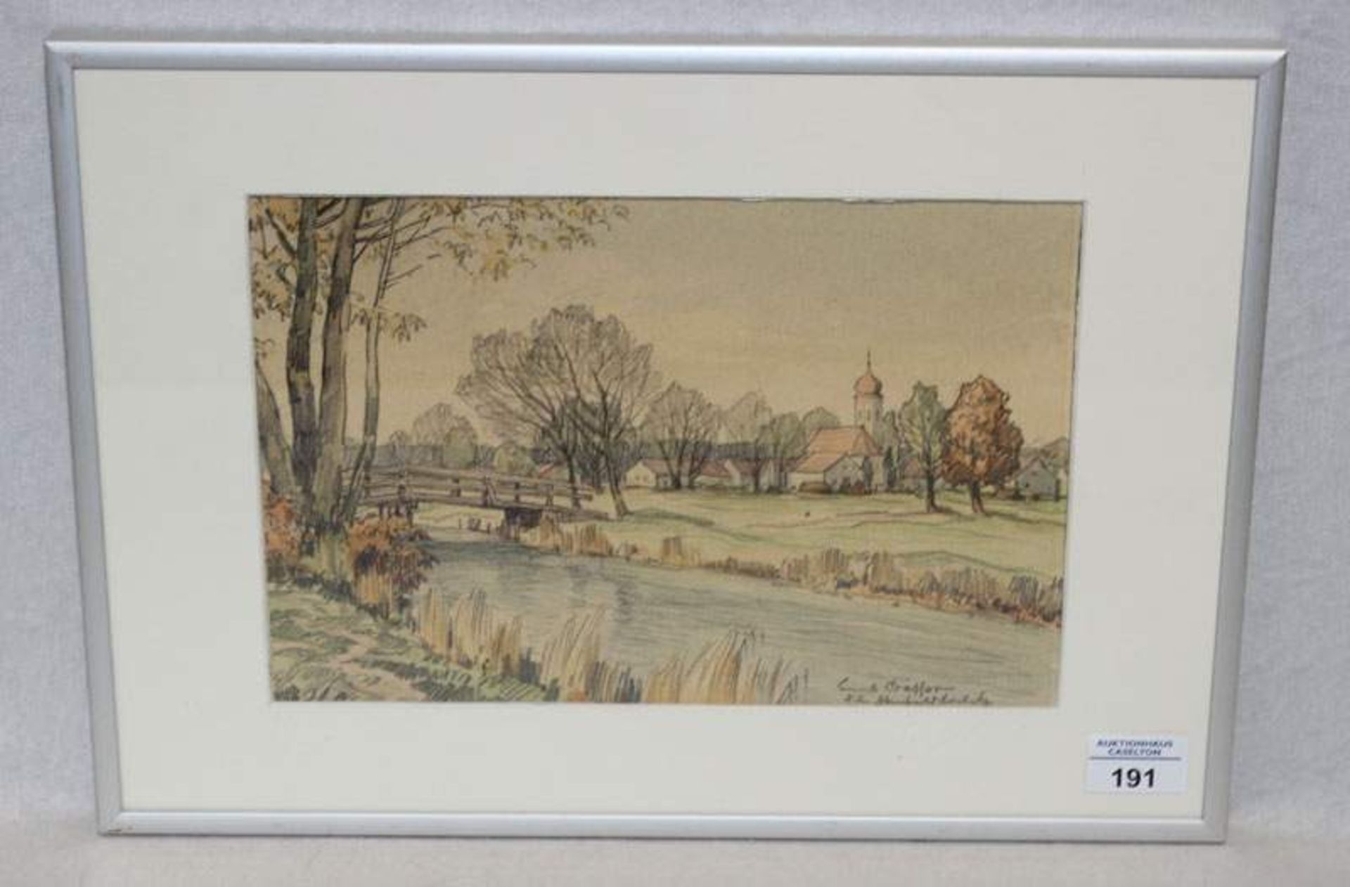 Zeichnung 'Ansicht von Fürstenfeldbruck', signiert Ernst Grasser, Fürstenfeldbruck, mit Passepartout