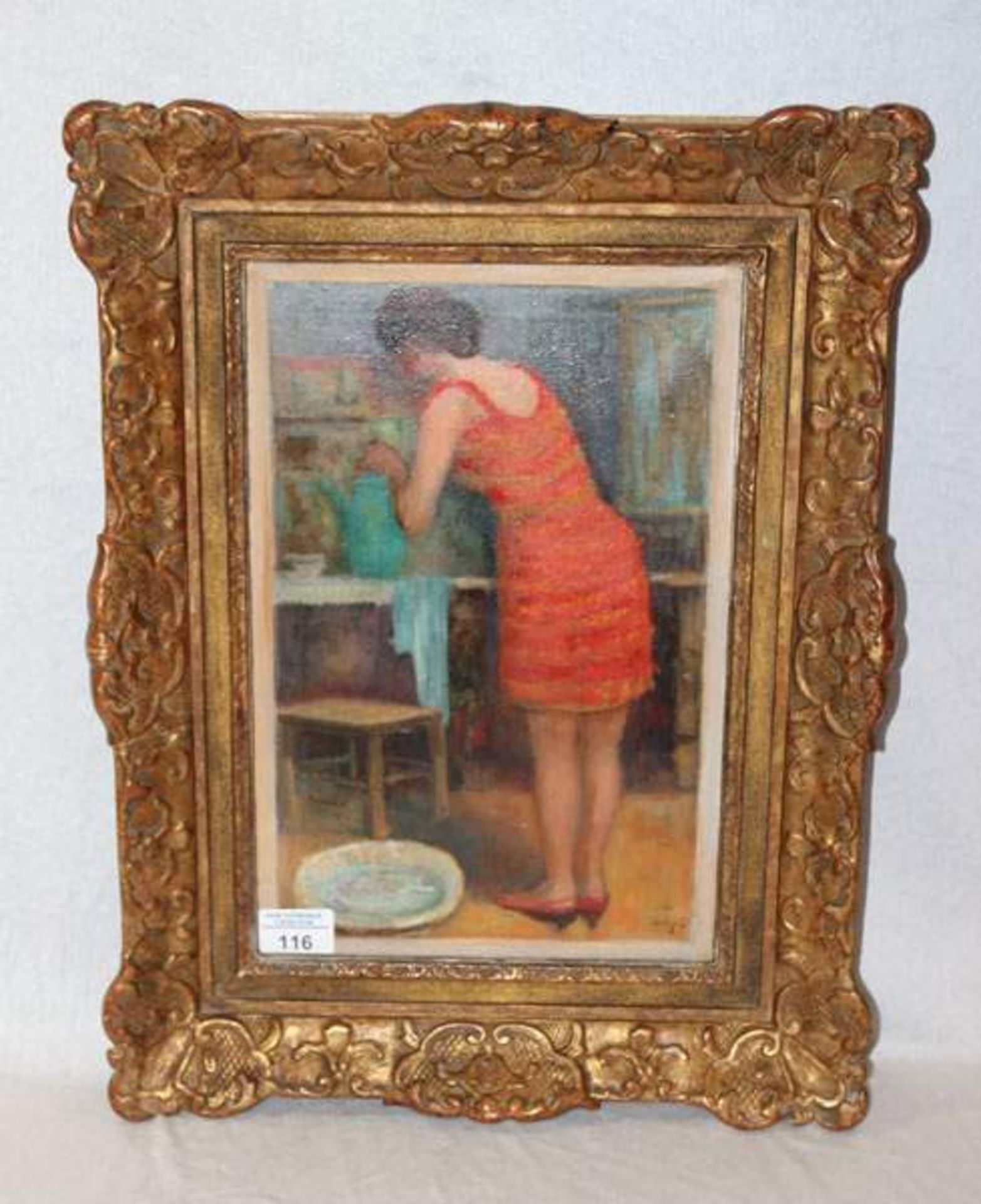 Gemälde ÖL/LW 'Frau im roten Kleid', undeutlich signiert, gerahmt, Rahmen leicht berieben, incl.