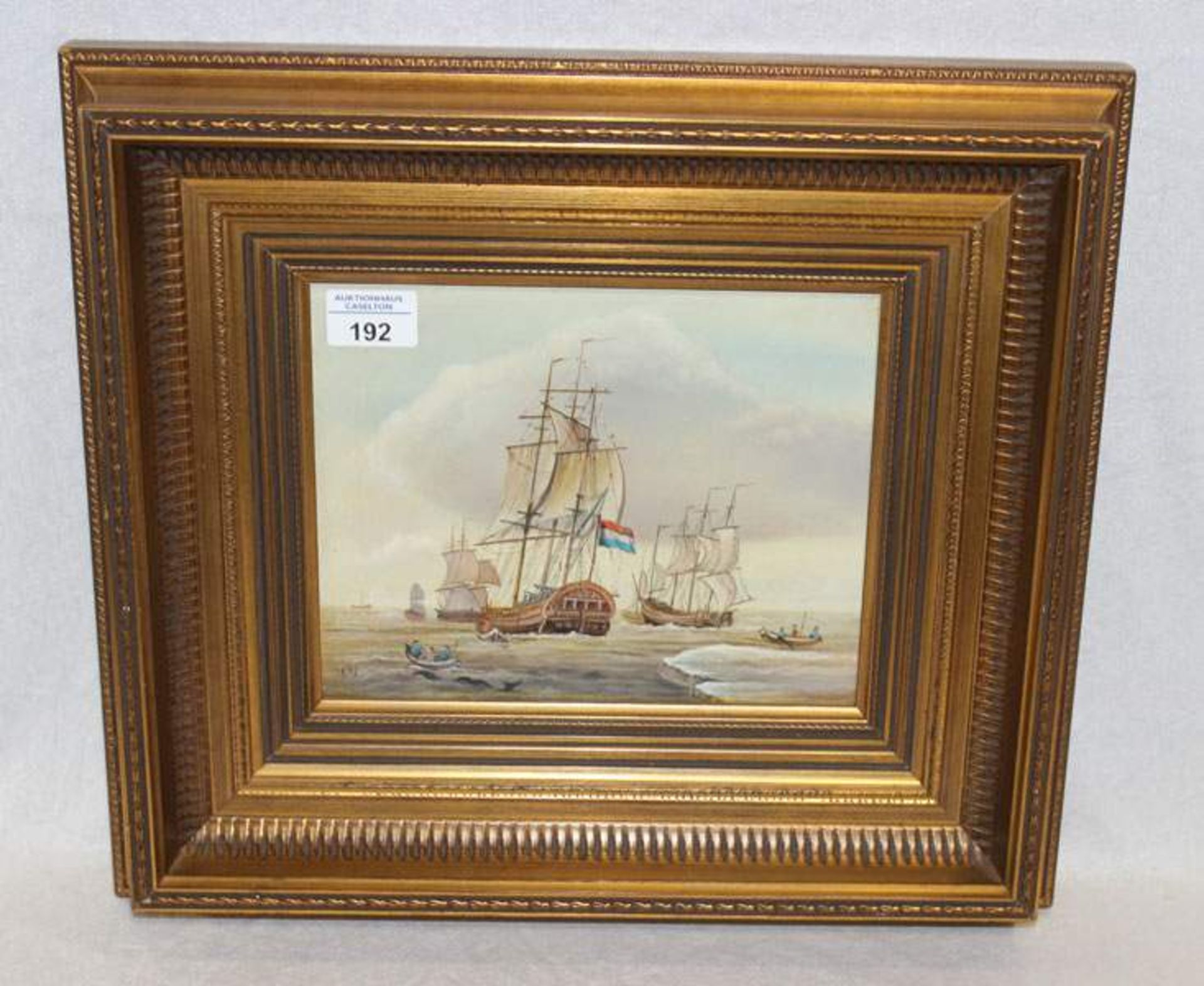 Gemälde ÖL/Holz 'Segelschiffe und Ruderboote', monogrammiert WV, gerahmt, incl. Rahmung 38 cm x 43