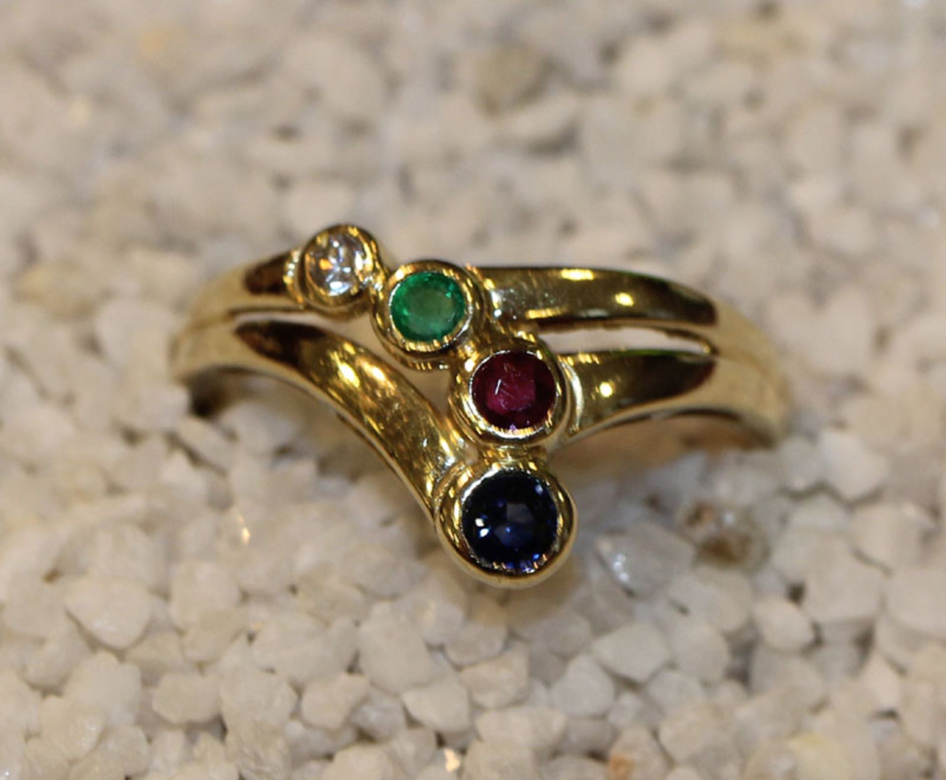 14 k Gelbgold Ring mit Diamant, Smaragd, Rubin und Safir, Gr. 54