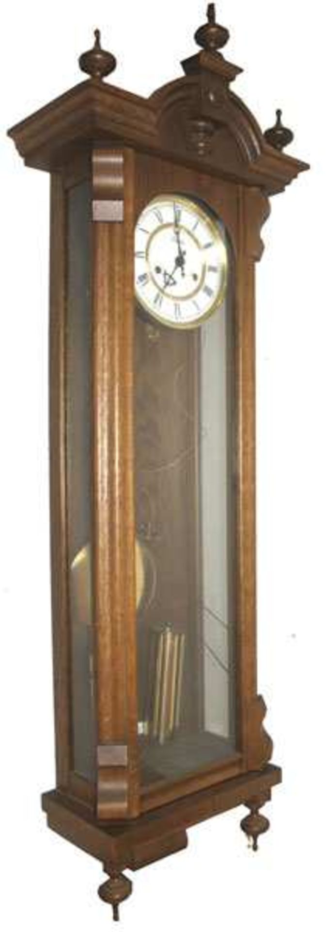 Sleva Wanduhr in verglastem Holzgehäuse, Glas gesprungen, H 120 cm, B 38 cm, T 20 cm