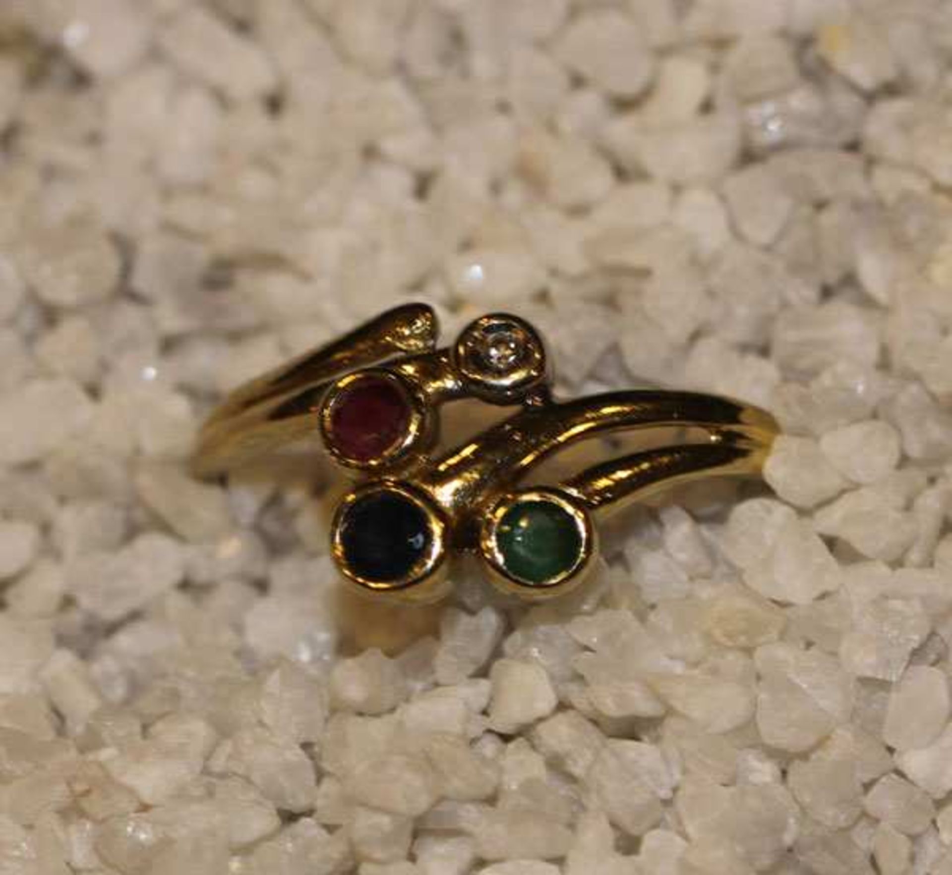 14 k Gelbgold Ring mit Diamant, Rubin, Safir und Smaragd, Gr. 50