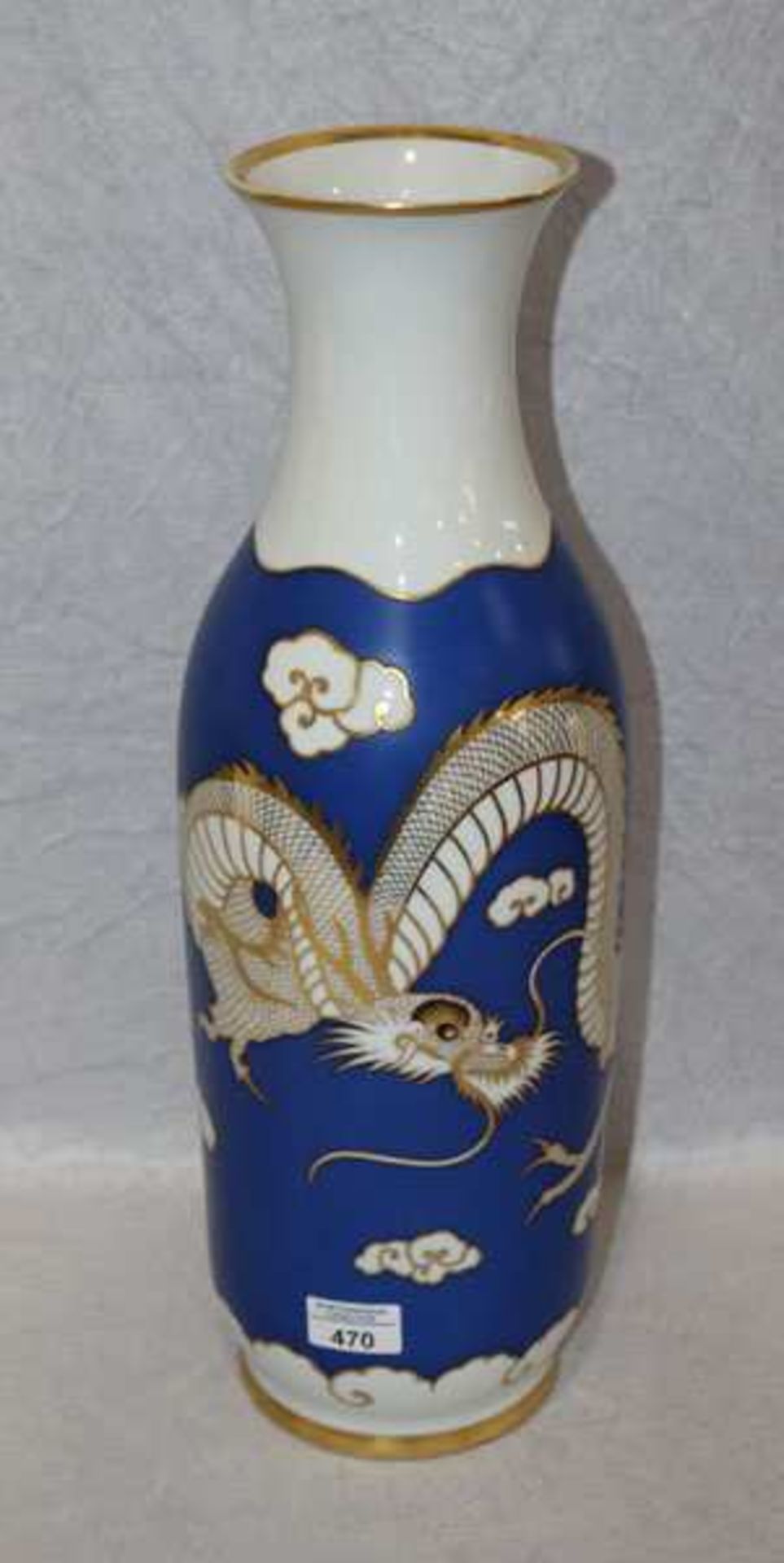 Frauenreuth Blumenvase mit blau/goldenem Drachendekor, H 52 cm, D 19 cm, Goldrand berieben