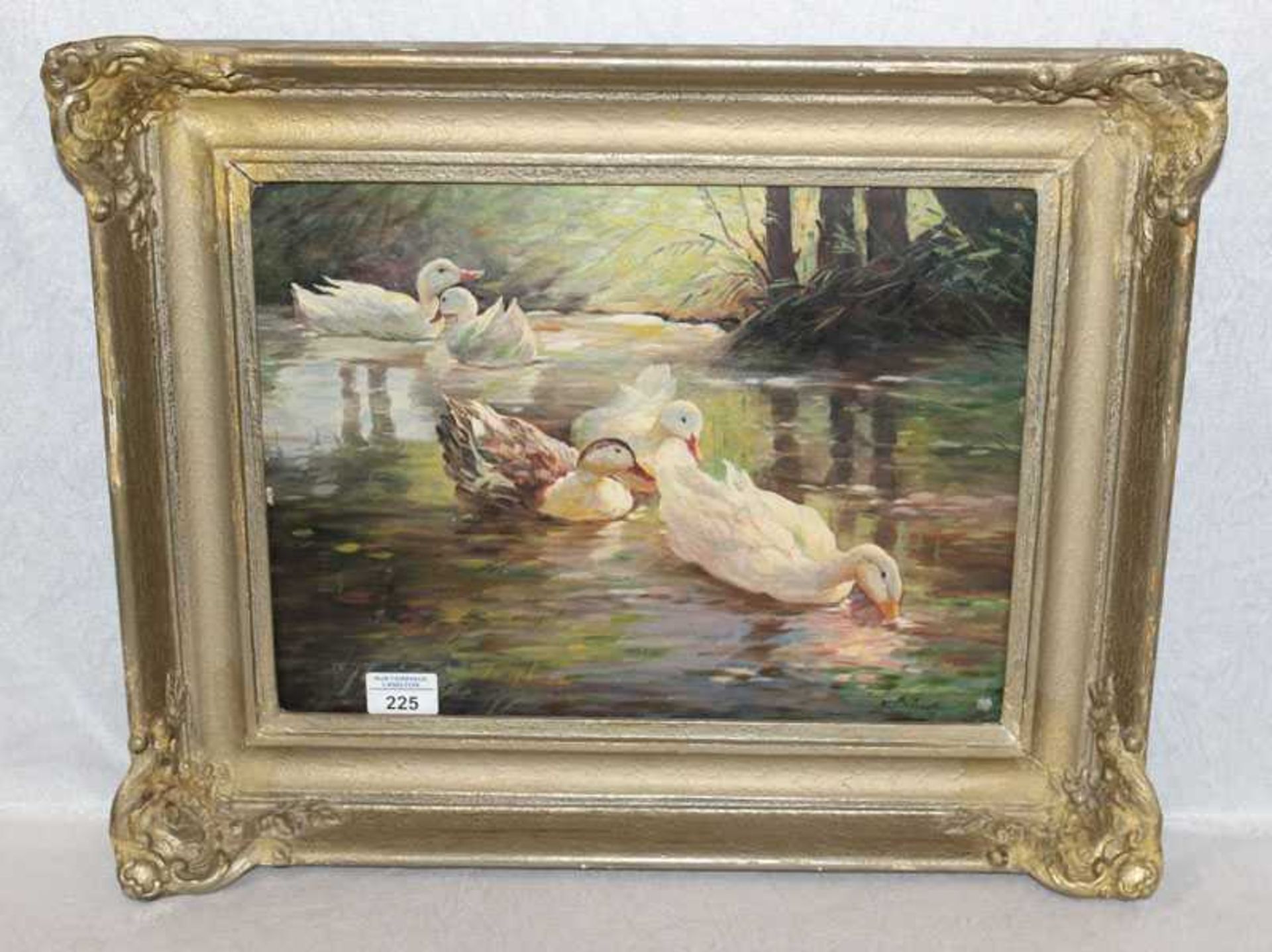 Gemälde ÖL/Hartfaser 'Enten am See', undeutlich signiert, gerahmt, Rahmen mit Altersspuren, incl.