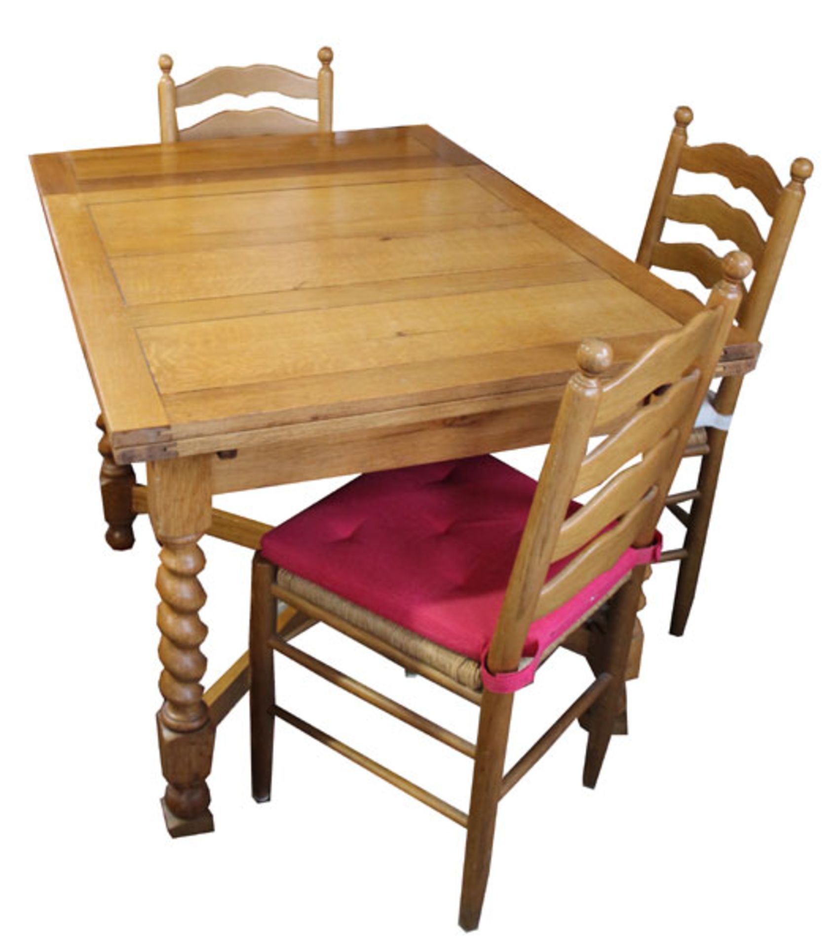 Tisch, ausziehbar, H 78 cm, L 92/154 cm, B 90 cm, und 4 Stühle, Sitzflächen geflochten,