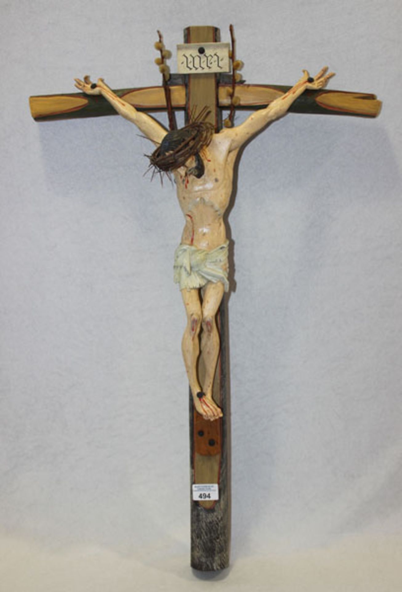 Holzkreuz mit Korpus Christi, gefaßt, H 81 cm, B 51 cm, Altersspuren