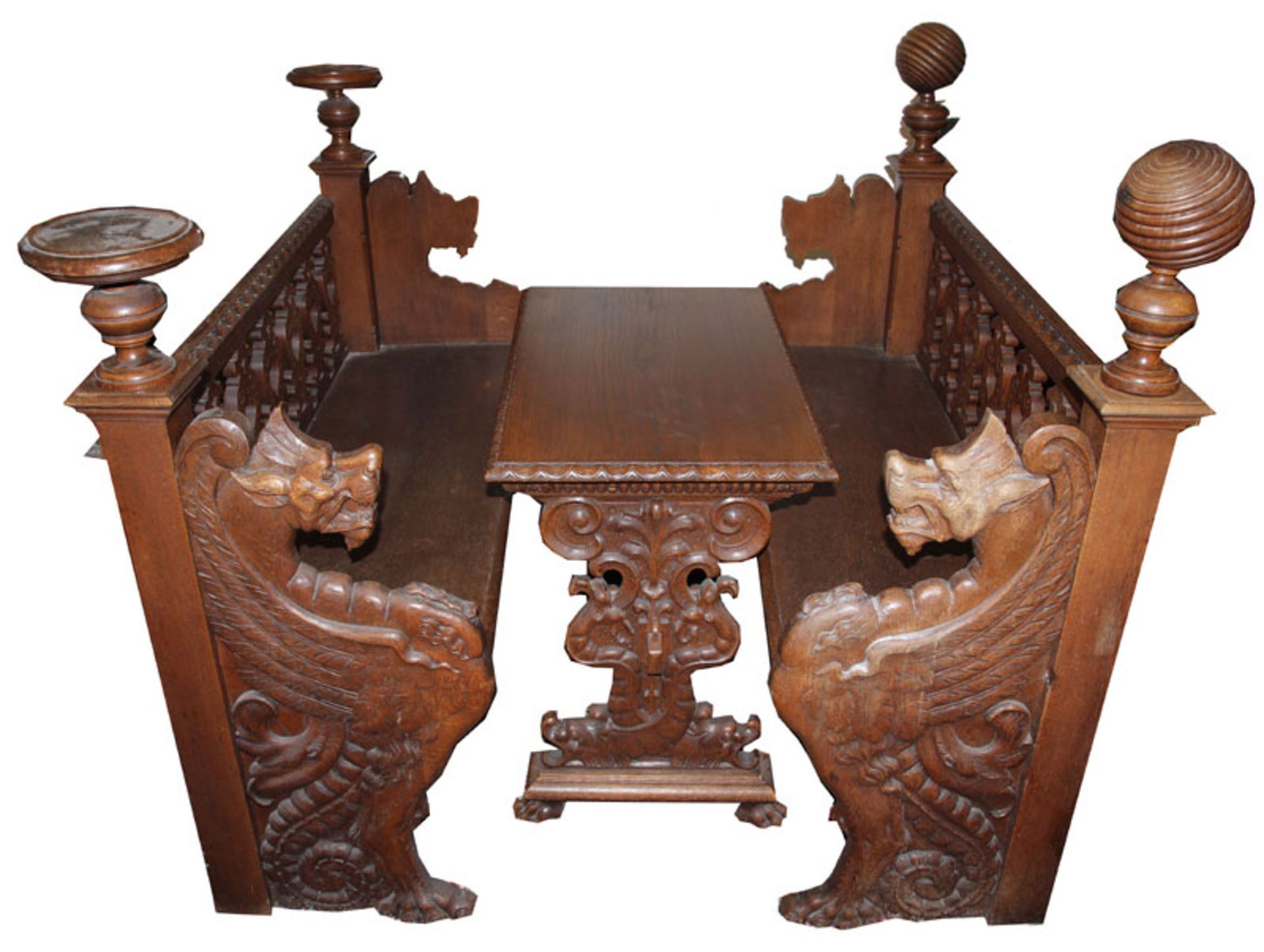 Historismus Tisch, Eiche, mit reich beschnitzten Seiten, H 76 cm, B 80 cm, T 49 cm, mit 2 nicht