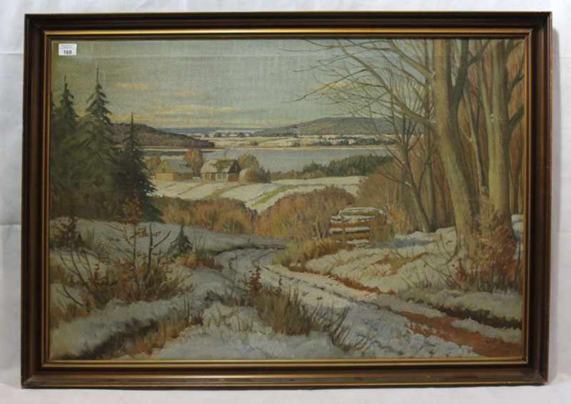 Gemälde ÖL/LW 'Landschafts-Szenerie im Winter', monogrammiert Th. C., datiert 1942, LW beschädigt,