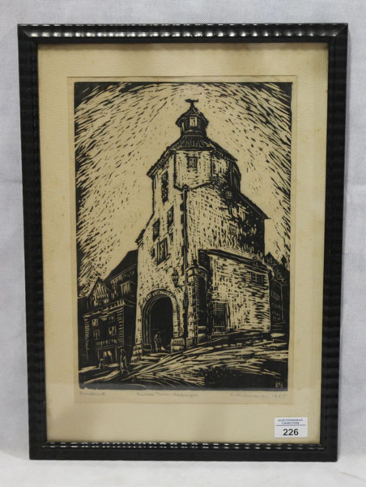 Handdruck 'Unterer Turm-Hechingen', signiert K. Widmaier, datiert 1925, mit Passepartout unter