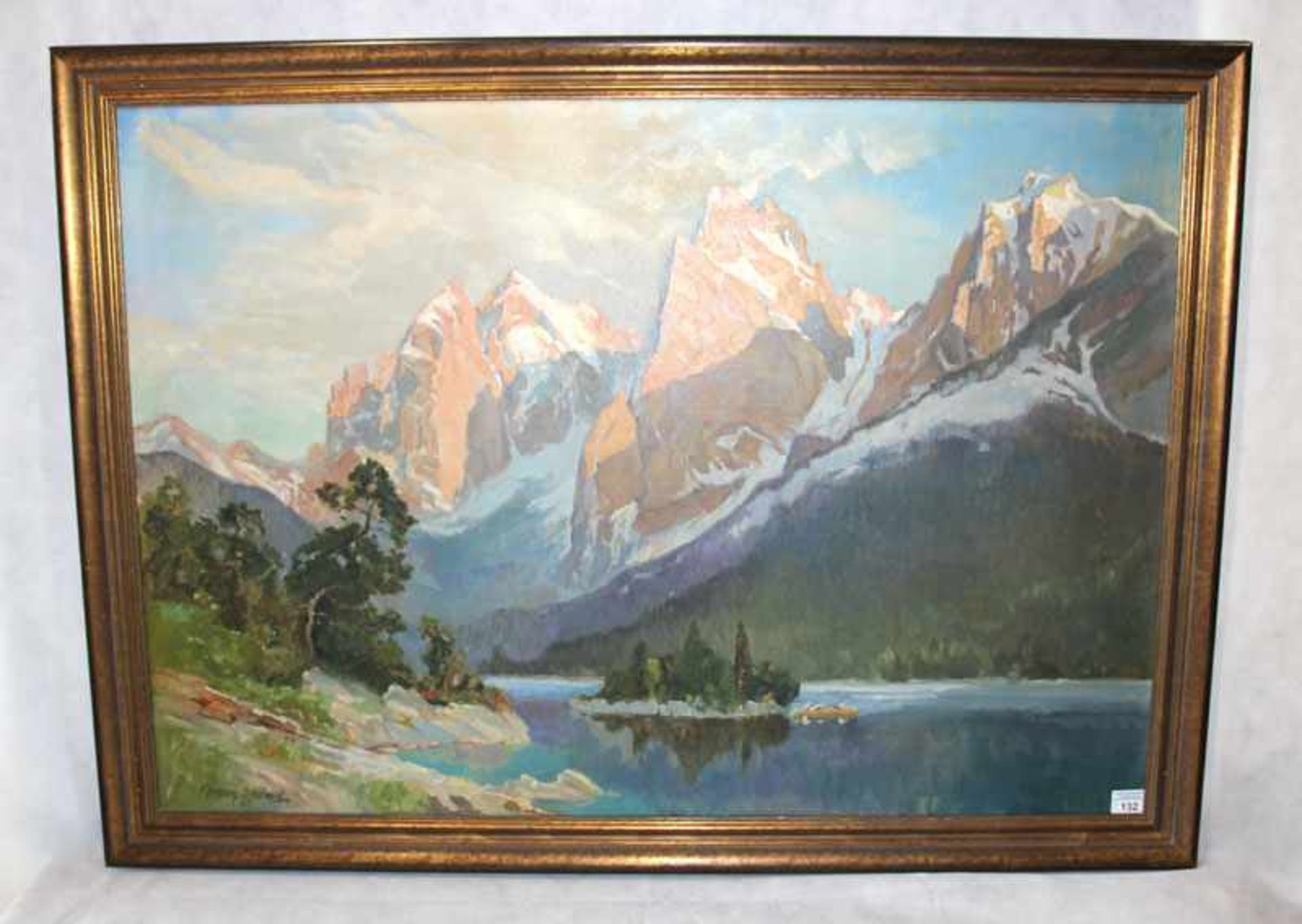Gemälde ÖL/LW 'See im Hochgebirge', signiert F. Herzberg-Schönwald, 19./20.Jahrhundert, gerahmt,