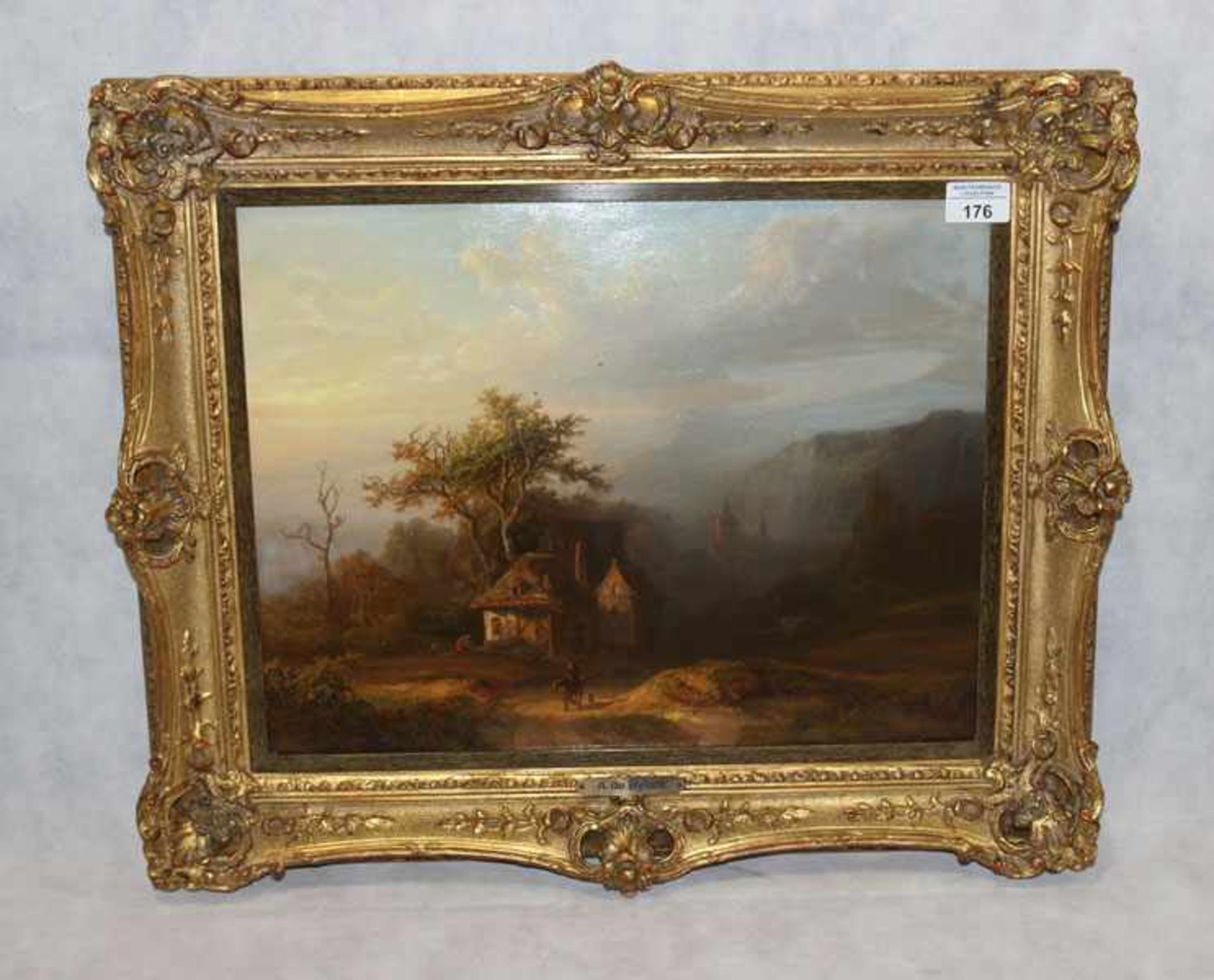 Gemälde ÖL/Holz 'Romantische Landschafts-Szenerie mit Reiter', signiert A. de Bylandt, * 1829 +