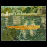 FRENCH SCHOOL (Late 19th / early 20th century) "Sailing on a Lake" Oil on canvas. 9 5/8 x 13 1/8