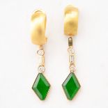 Pair of Jade, Diamond, Yellow Gold Earrings. Each featuring one kite shaped jadeite plaque measuring