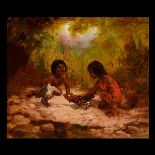 Attributed to ALICE COUTTS (California 1879-1973) "Children with Roosters" Oil on board. 10 x 12