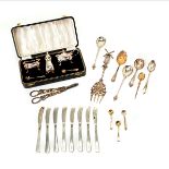 English Cased Silver Plated Five Piece Salt & Pepper Set Together with Eighteen Silver Flatwares,