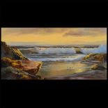 BEVERLY CARRICK (Californian b. 1930) "Sunset Sea" Oil on canvas. 24 x 48 inches; Frame: 32 1/2 x 56