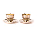 Pair of Russian 84 Standard Silver Gilt Teacups and Saucers, Fydor Ivanov,1881 {Total silver