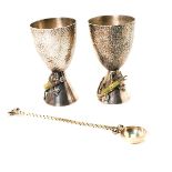 Pair Los Castillos Hardstone Encrusted Hammered Silverplate Chalices, each with an entwining applied