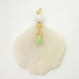 Jade, 14k Yellow Gold Pendant. Featuring a round carved and pierced jadeite double fish jadeite