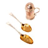 Pair Georgian Gilt Vermeil Sterling Fruit Spoons and A Muffinier {Total silver weight 10 troy oz;