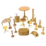 Collection of English Brass Items: Including four miniature tilt top tables {height of tallest 8