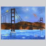 BRIAN WOHLSTADTER (California 20th century) "Golden Gate Bridge" Oil on canvas. 30 1/8 x 40 1/8