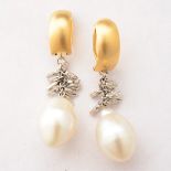Pair of Cultured Pearl, Diamond, Platinum, 14 Yellow Gold Earrings. Each featuring one drop shaped