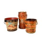 Collection of Three Buckets: Including a Pennsylvania Dutch painted pail; a leather fire bucket,