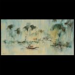 KIHOA (Vietnamese 1901-1978) "Boat on a River" Oil on canvas. 13 3/4 x 27 3/4 inches; Frame: 20 1/