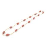 Ruby, Glass, Cultured Pearl, Yellow Gold, Gold-Filled Necklace. Composed of fourteen navette