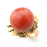 *Retro Coral, 18k Yellow Gold Ring. Centering one round coral cabochon measuring approximately 14.15