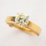 Diamond, 18k Yellow Gold Ring. Featuring one round brilliant-cut diamond weighing approximately 1.00