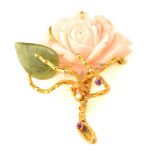 *Coral, Nephrite, Diamond, Ruby, 14k Yellow Gold Rose Brooch. Designed as a rose featuring a