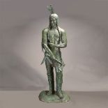 AMERICAN SCHOOL (20th century) "Native American Warrior with Hatchet" Bronze with green patina. With