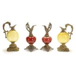 Two Pairs of Moser Style Bronze Mounted Glass Ewers {Height of tallest 14 1/4 inches} [Flaking to