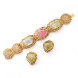 Asian Tourmaline, Silver Gilt Jewelry Suite. Featuring three oval, rectangular and ovoid shaped