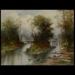 AMERICAN SCHOOL (Early 20th century)  "River Landscape with Bridge" Oil on canvas. 23 1/4 x 31